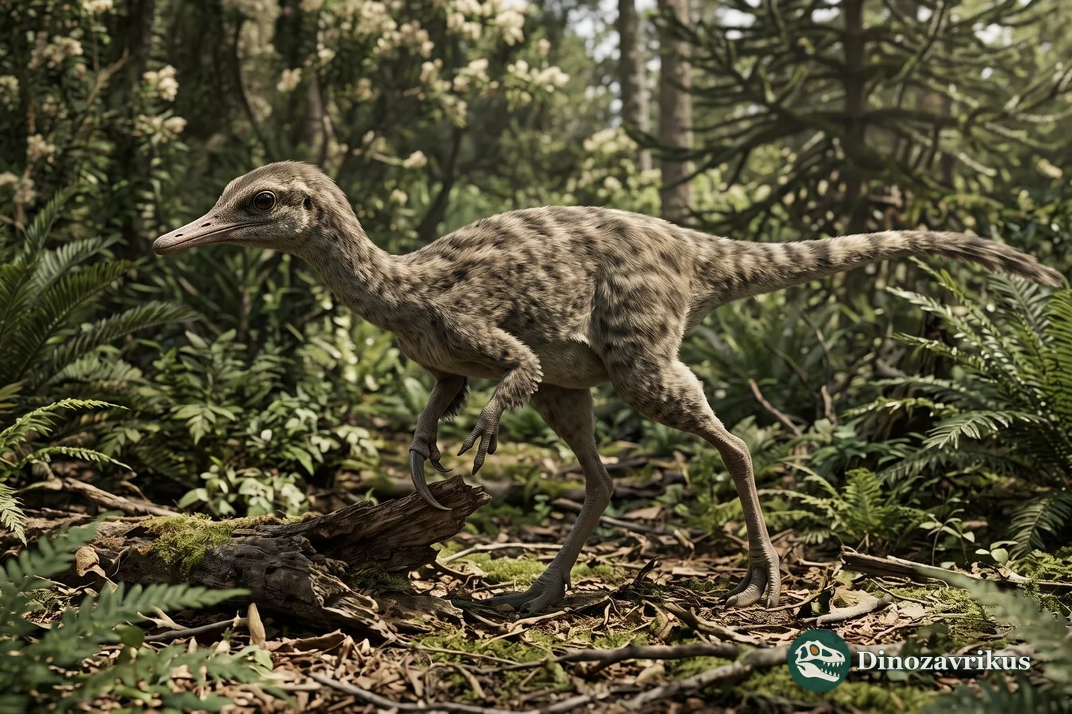 Feathered reconstruction of Albertonykus near decaying wood in Alberta