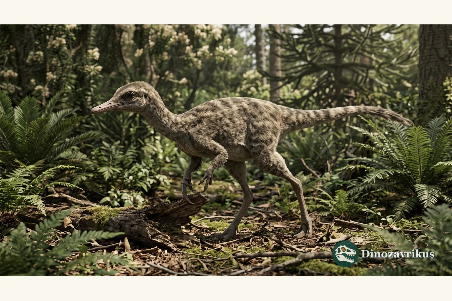 Feathered reconstruction of Albertonykus near decaying wood in Alberta