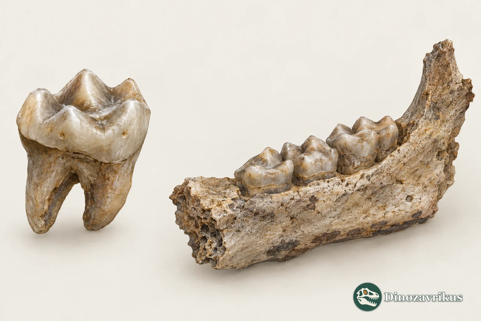 Educational reconstruction of an isolated cheek tooth beside a jaw fragment