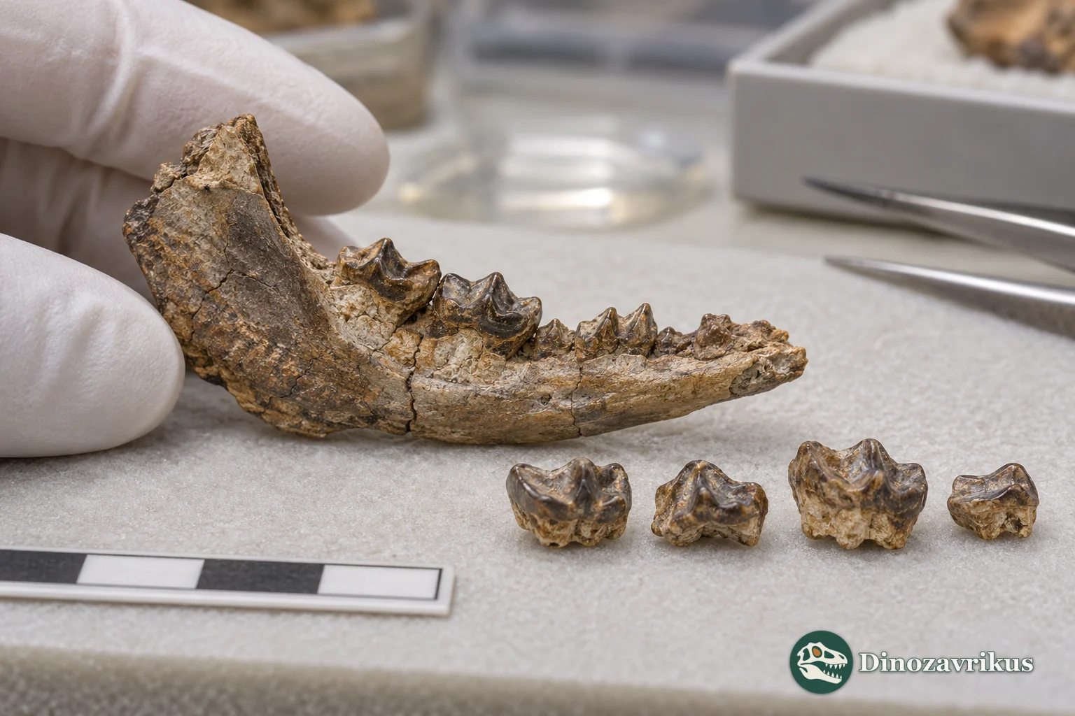Conceptual museum scene with a small fossil jaw and isolated teeth