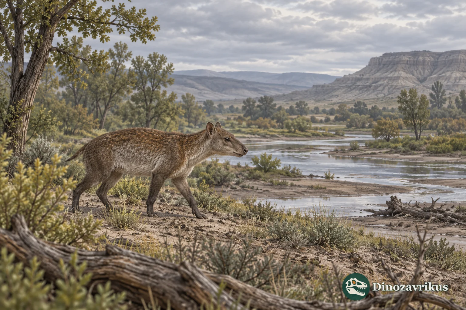 Artistic reconstruction of a small Aletodon beside a stream in a late Paleocene North American landscape