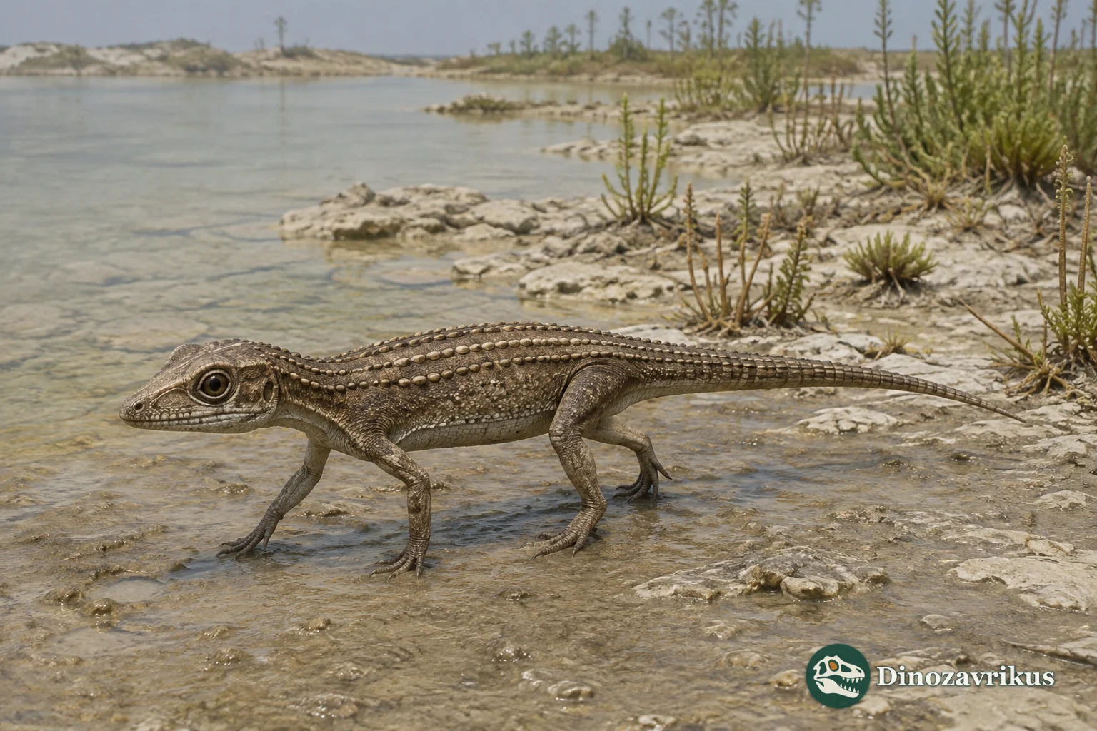 Reconstruction of Alligatorellus walking beside a Jurassic lagoon