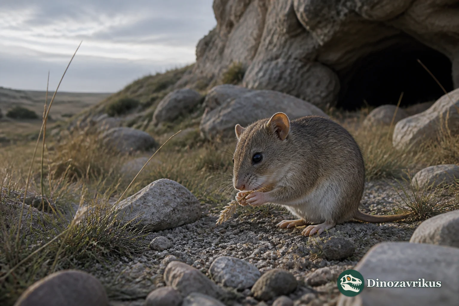 Allocricetus bursae, a small fossil hamster reconstructed beside a cave entrance