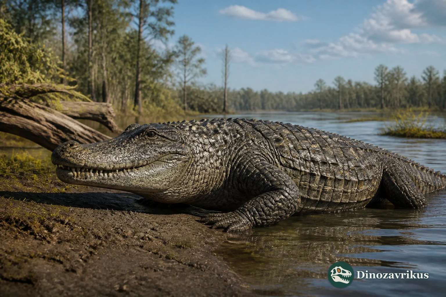 Reconstruction of Allodaposuchus beside a Late Cretaceous European river