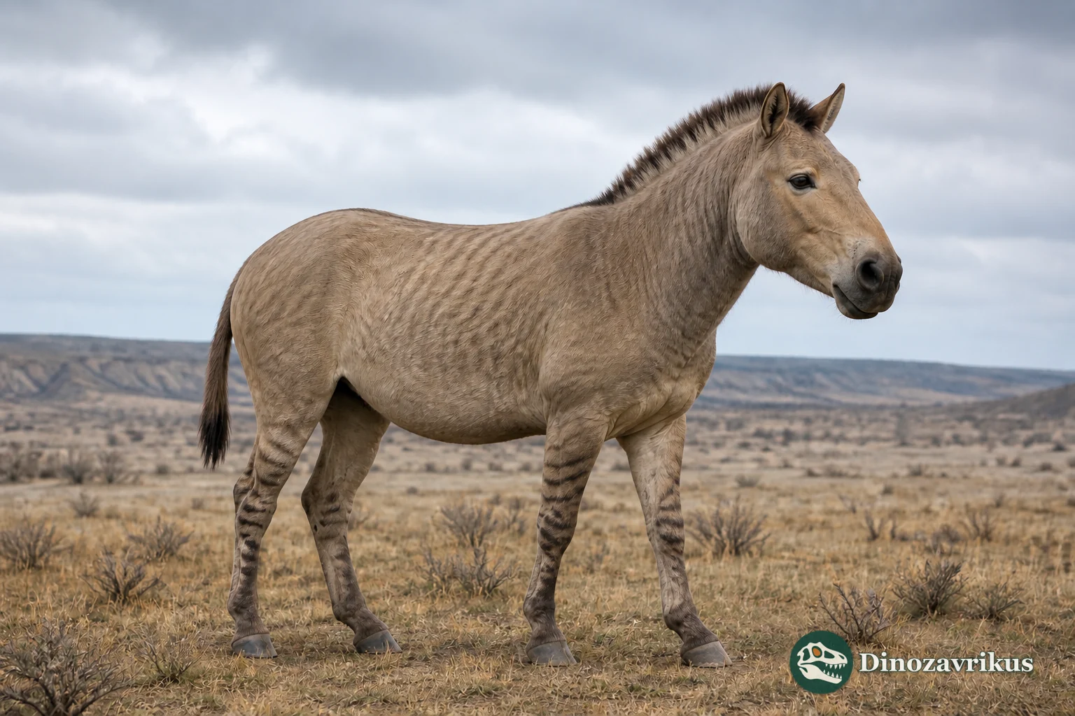 Reconstruction of a stenonine horse on an open Early Pleistocene plain