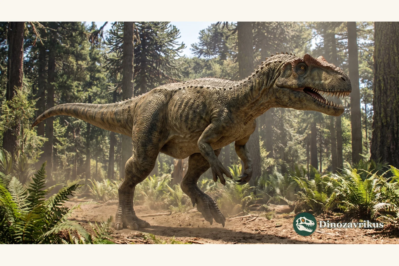 Allosaurus approaching prey in a Jurassic landscape