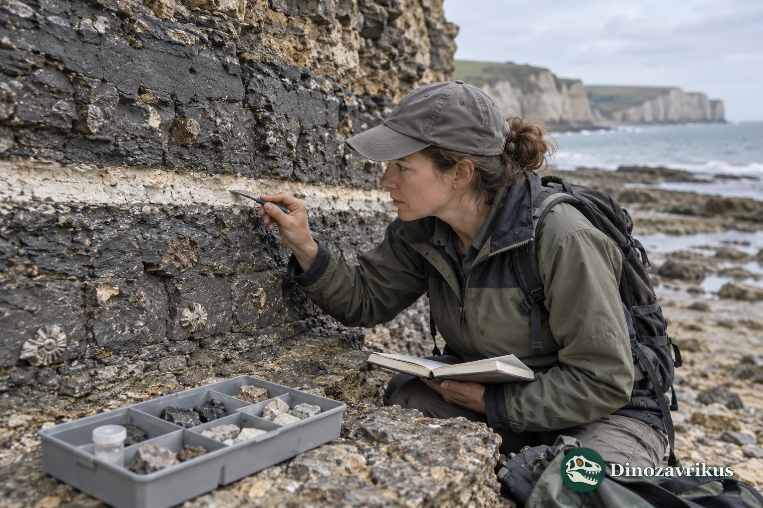 A field geologist studies a thin boundary layer between Cretaceous and Paleogene rocks