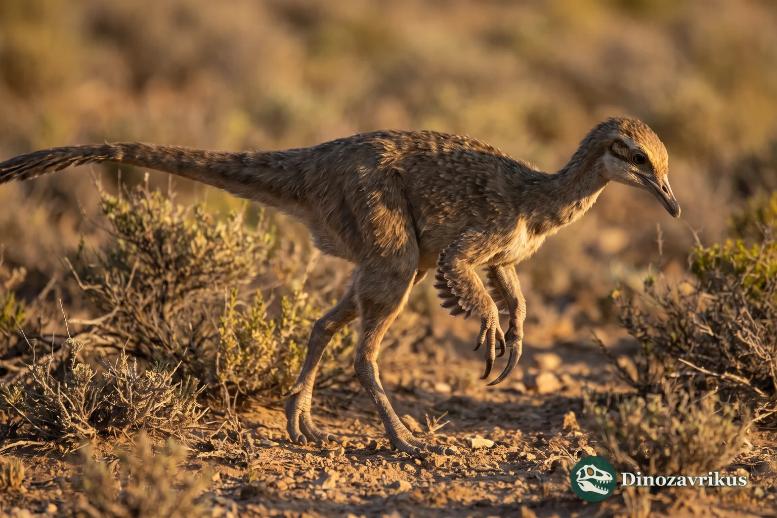 Feathered reconstruction of Alvarezsaurus in a dry Patagonian landscape