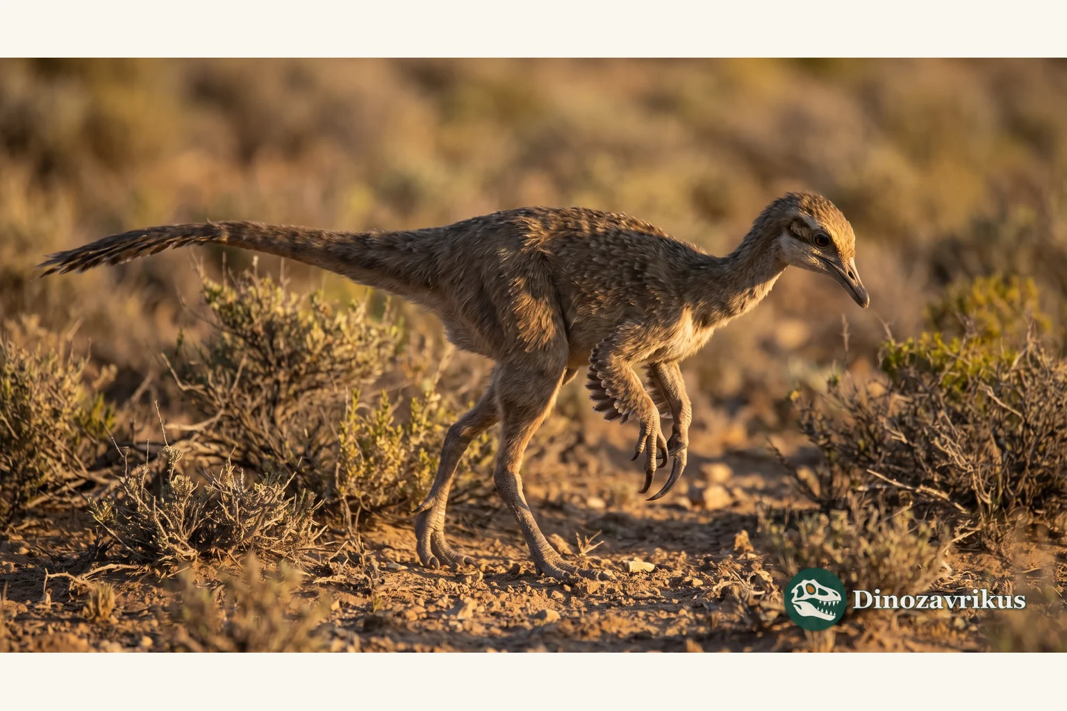 Feathered reconstruction of Alvarezsaurus in a dry Patagonian landscape