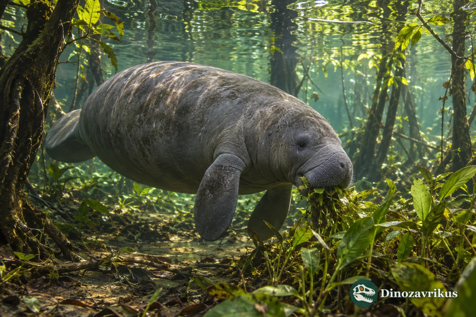 An Amazonian manatee feeding among plants in a flooded forest