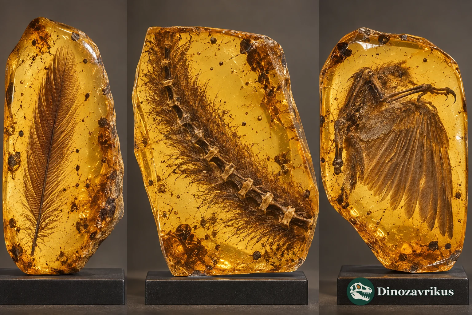 Isolated feather, non-avian dinosaur tail and ancient bird wing in amber