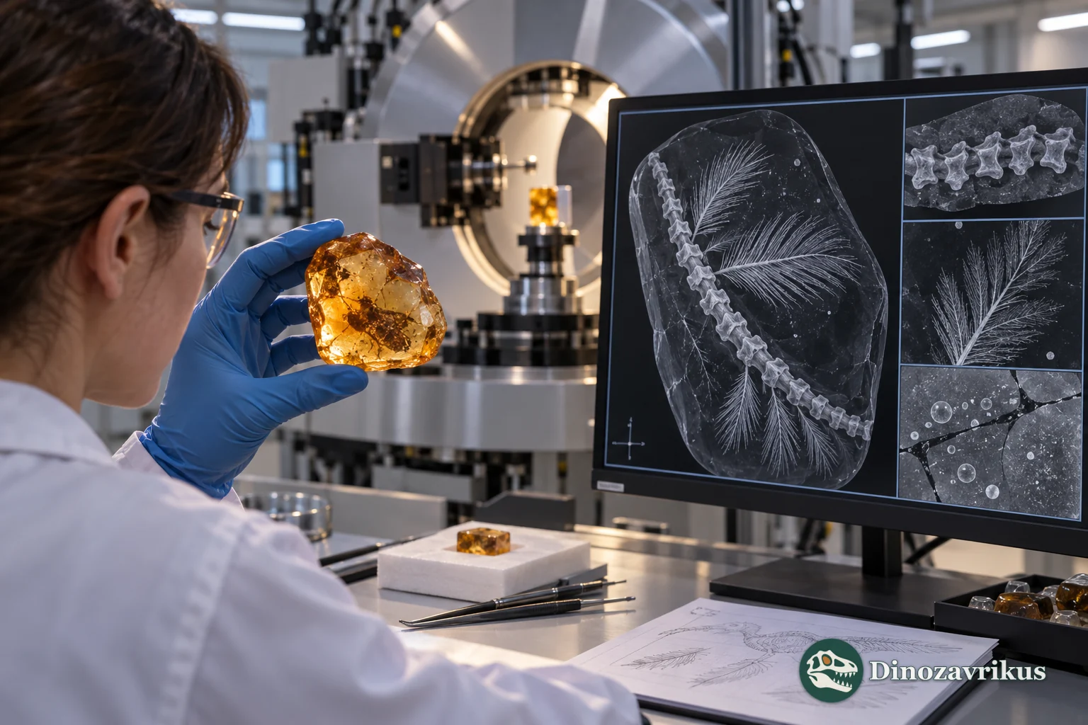 Micro-CT study of amber and a digital model of hidden vertebrae and feathers