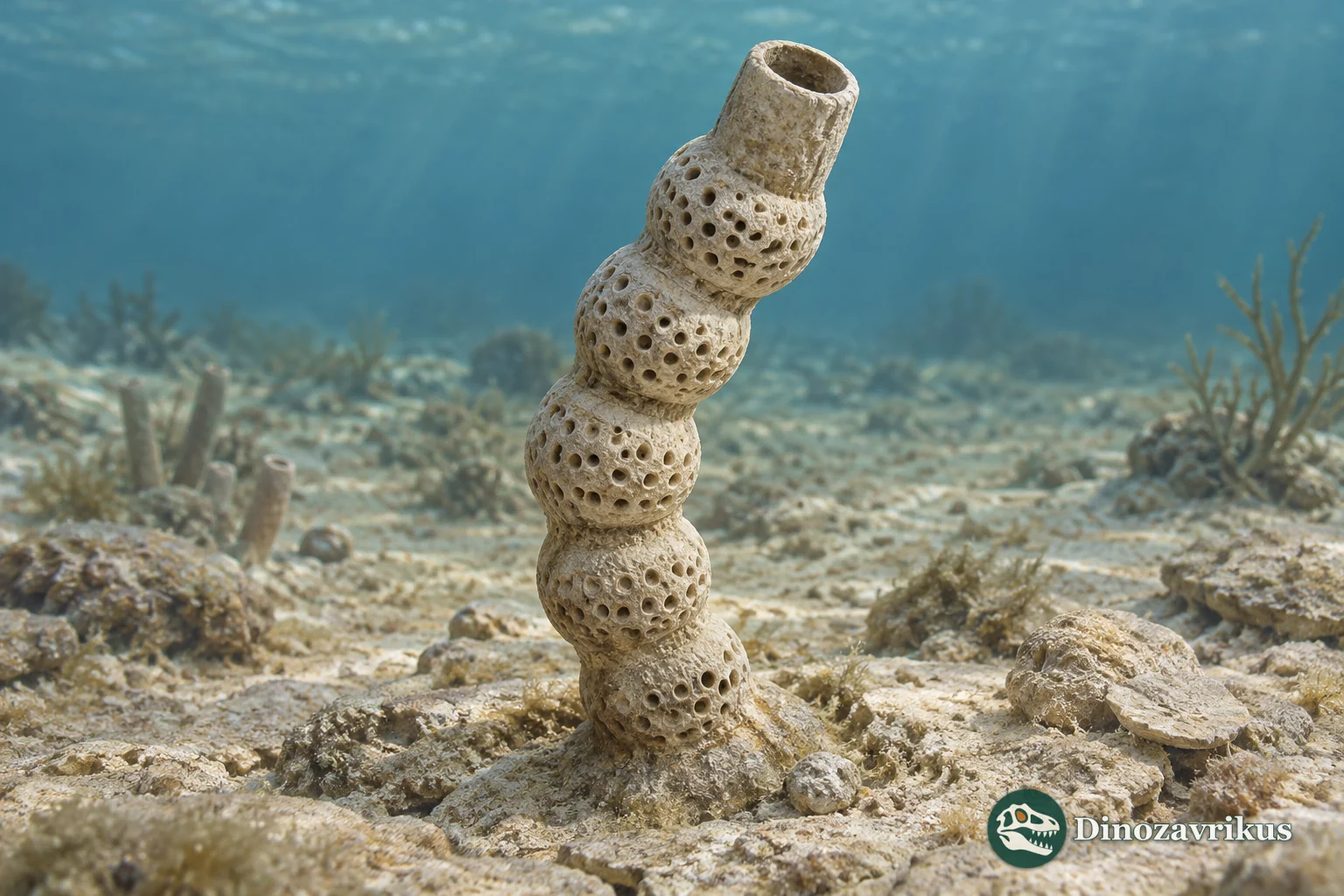 A porous chambered Amblysiphonella sponge rising from a subdued shallow marine carbonate seafloor