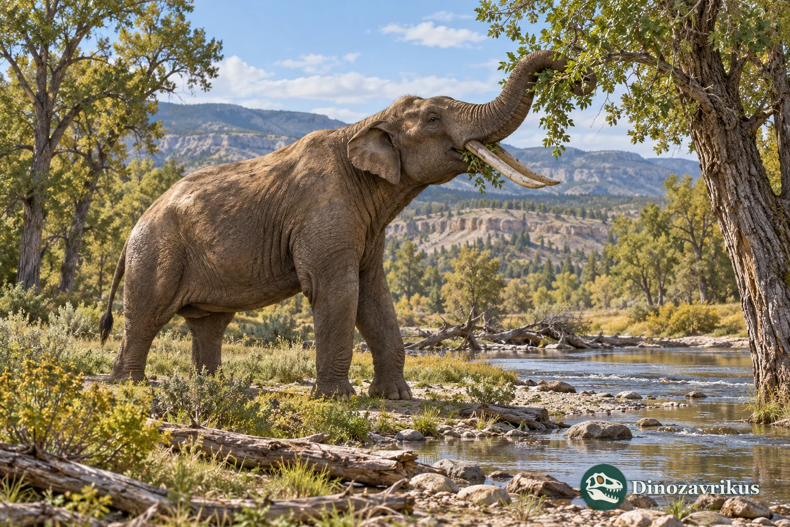 Interpretive Amebelodon reaching vegetation near a Miocene stream