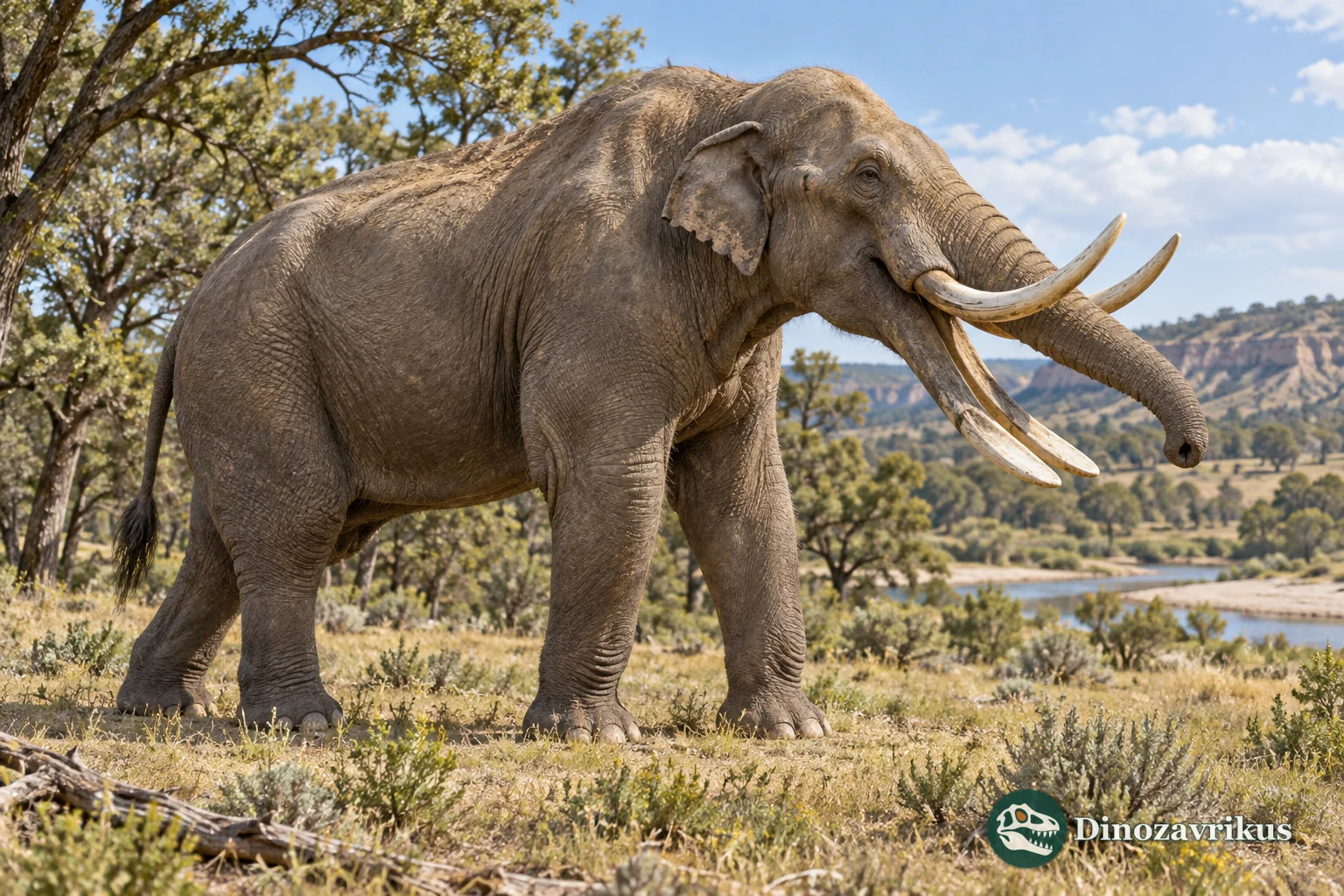Artistic life reconstruction of Amebelodon with upper and lower tusks in Miocene North America
