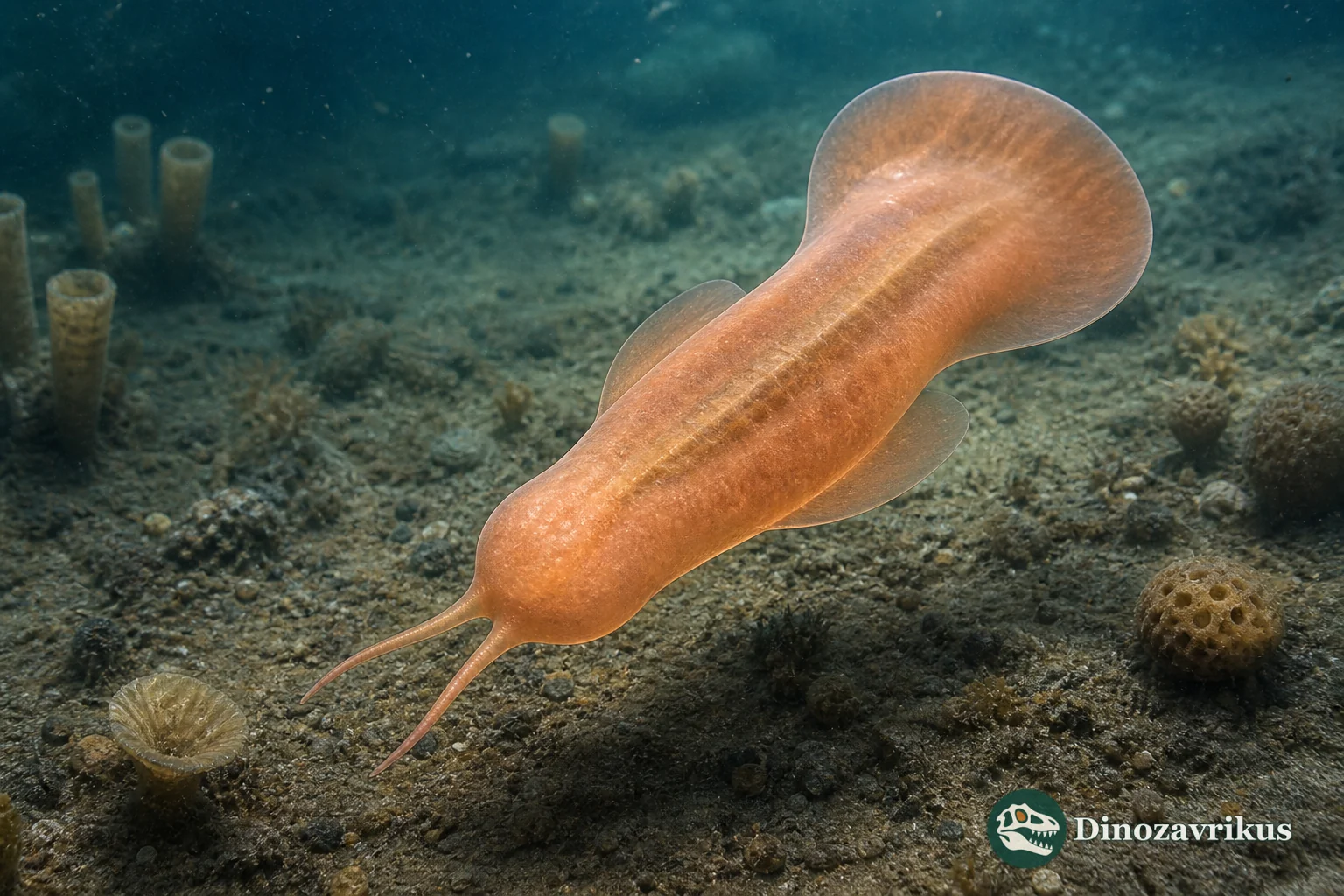 Translucent Amiskwia with two front tentacles, lateral fins and a faintly indicated bilateral jaw apparatus