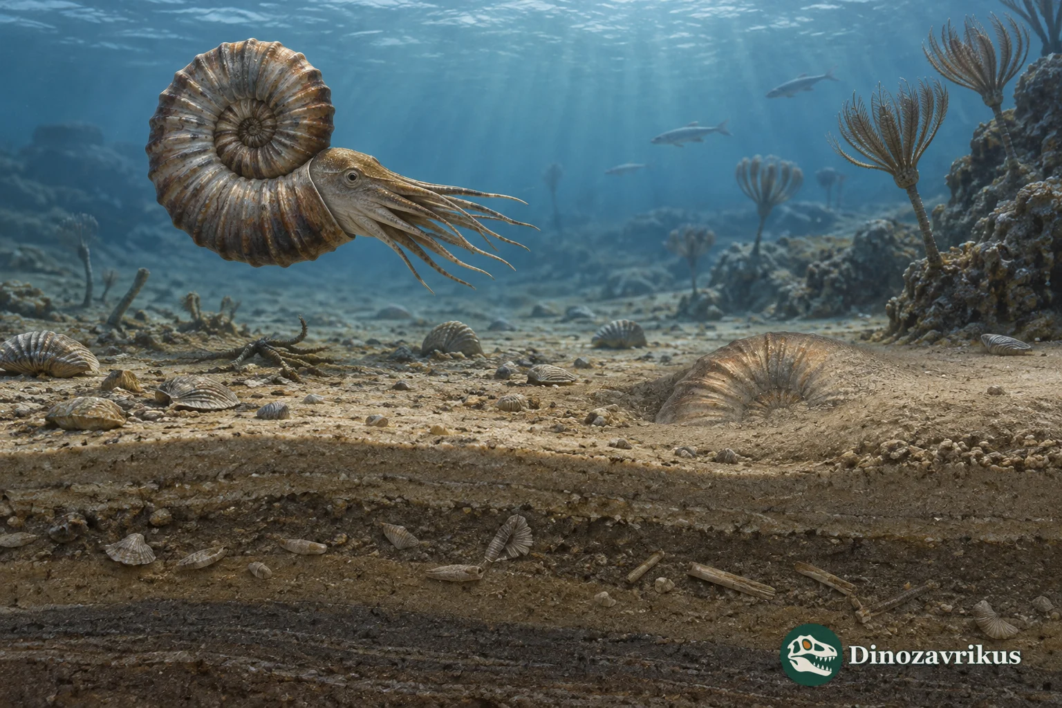 An ammonite swims above a shell partly buried in layers of marine sediment