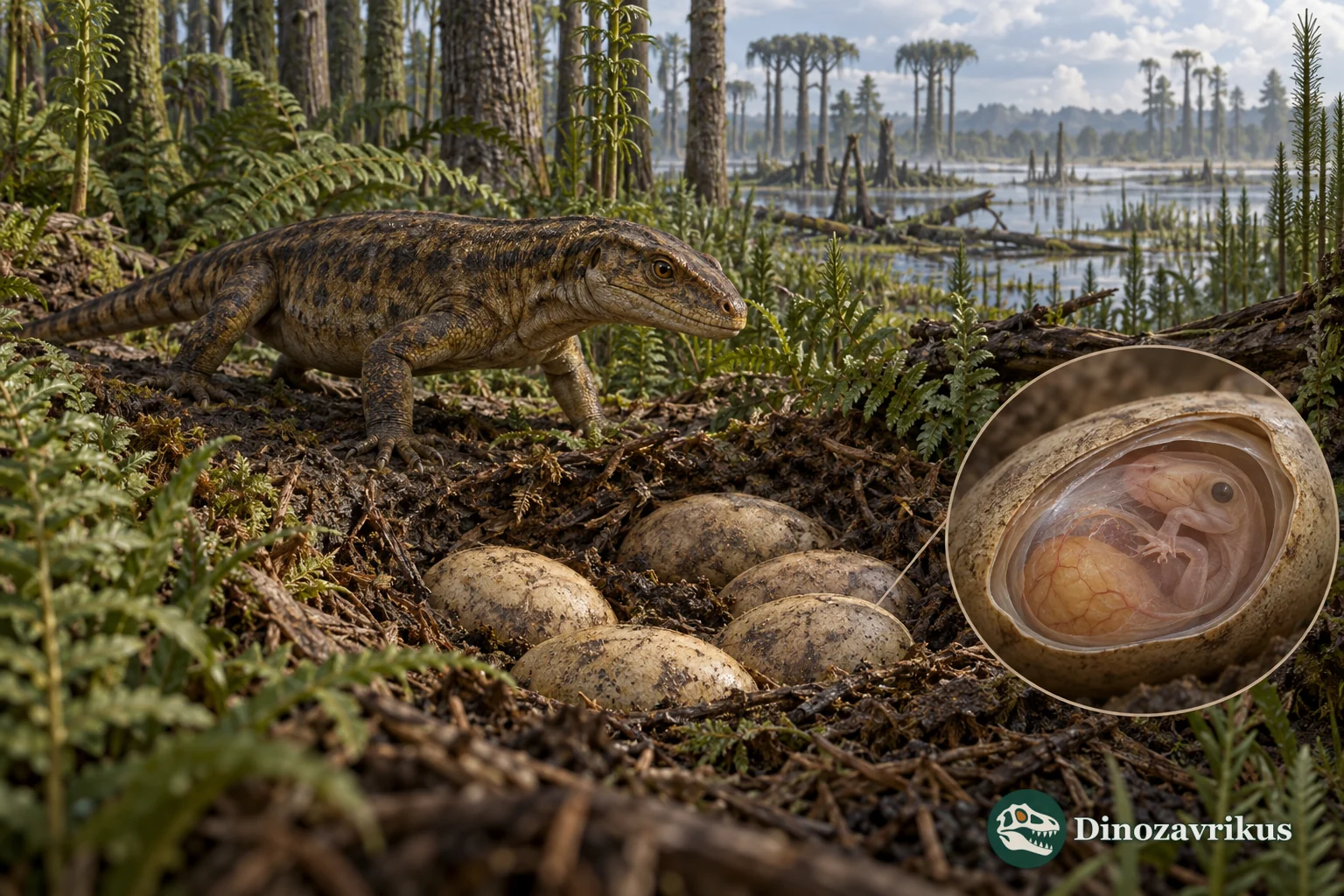 An early amniote near a terrestrial nest with a cutaway showing an embryo inside an egg