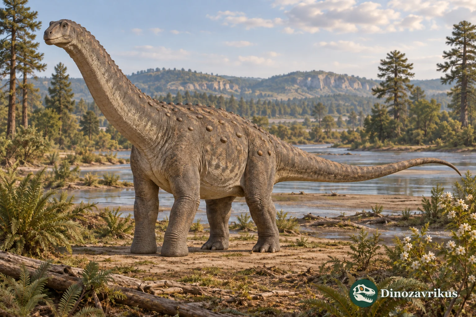 Reconstruction of Ampelosaurus on a Late Cretaceous French floodplain