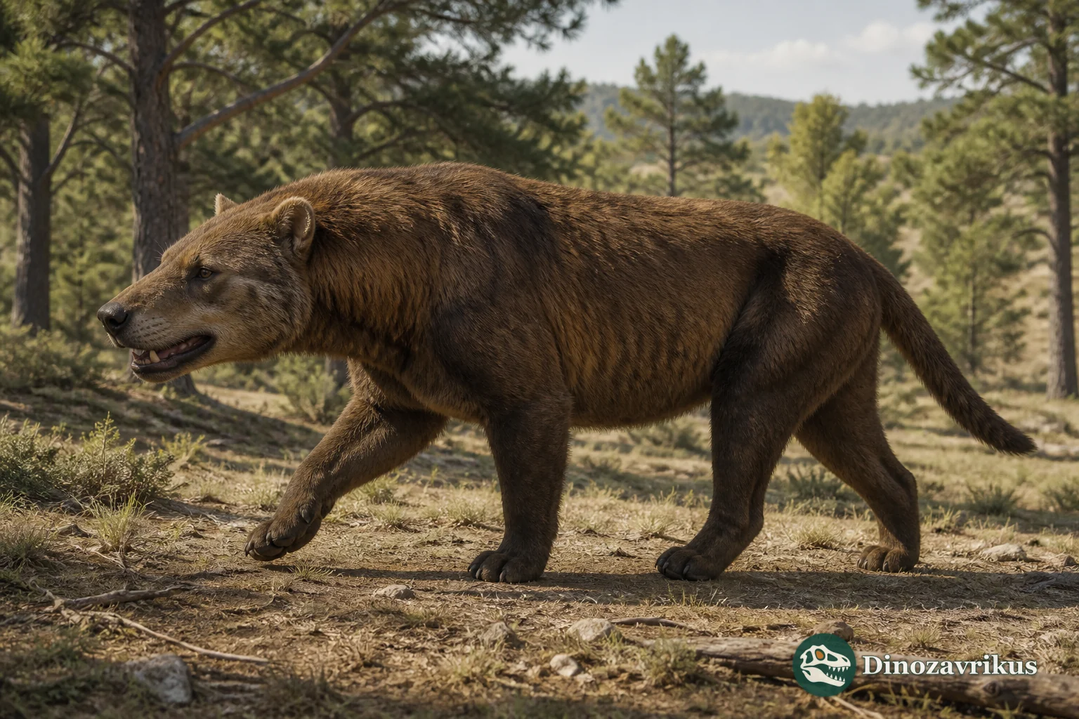 Amphicyon reconstructed in Miocene woodland