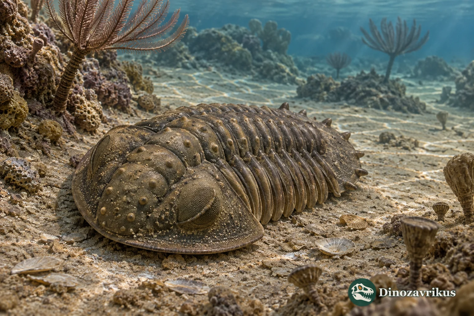 Amphilichas trilobite with a broad tubercled head and a short tail shield bearing modest marginal projections