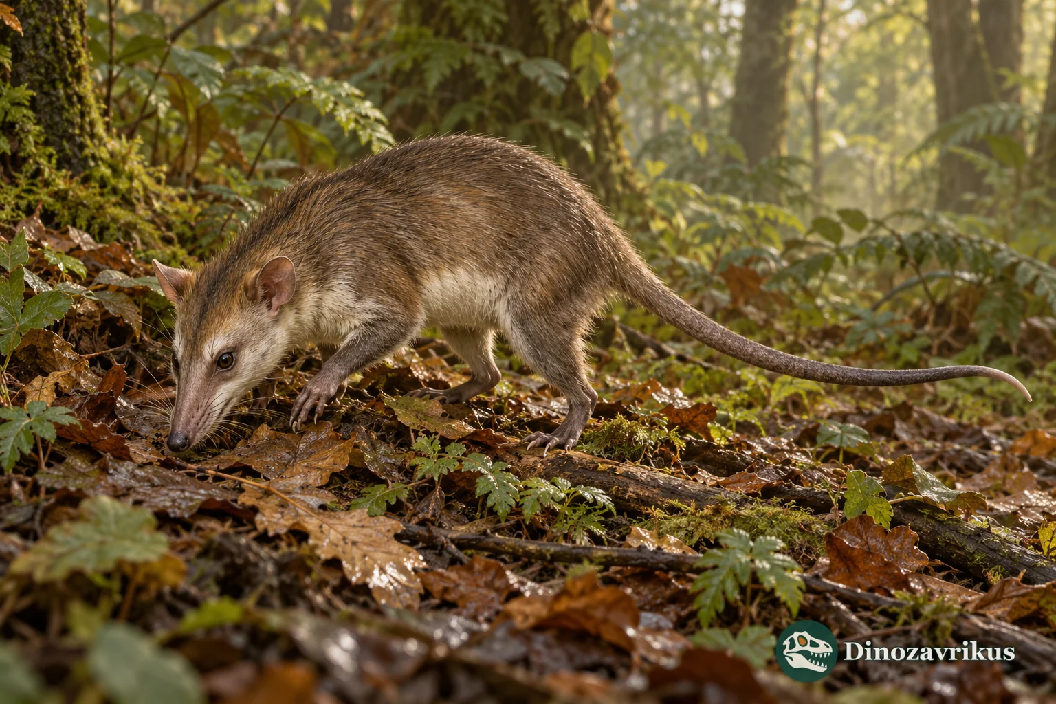 Artistic reconstruction of a small Amphiperatherium-like metatherian on an Eocene forest floor