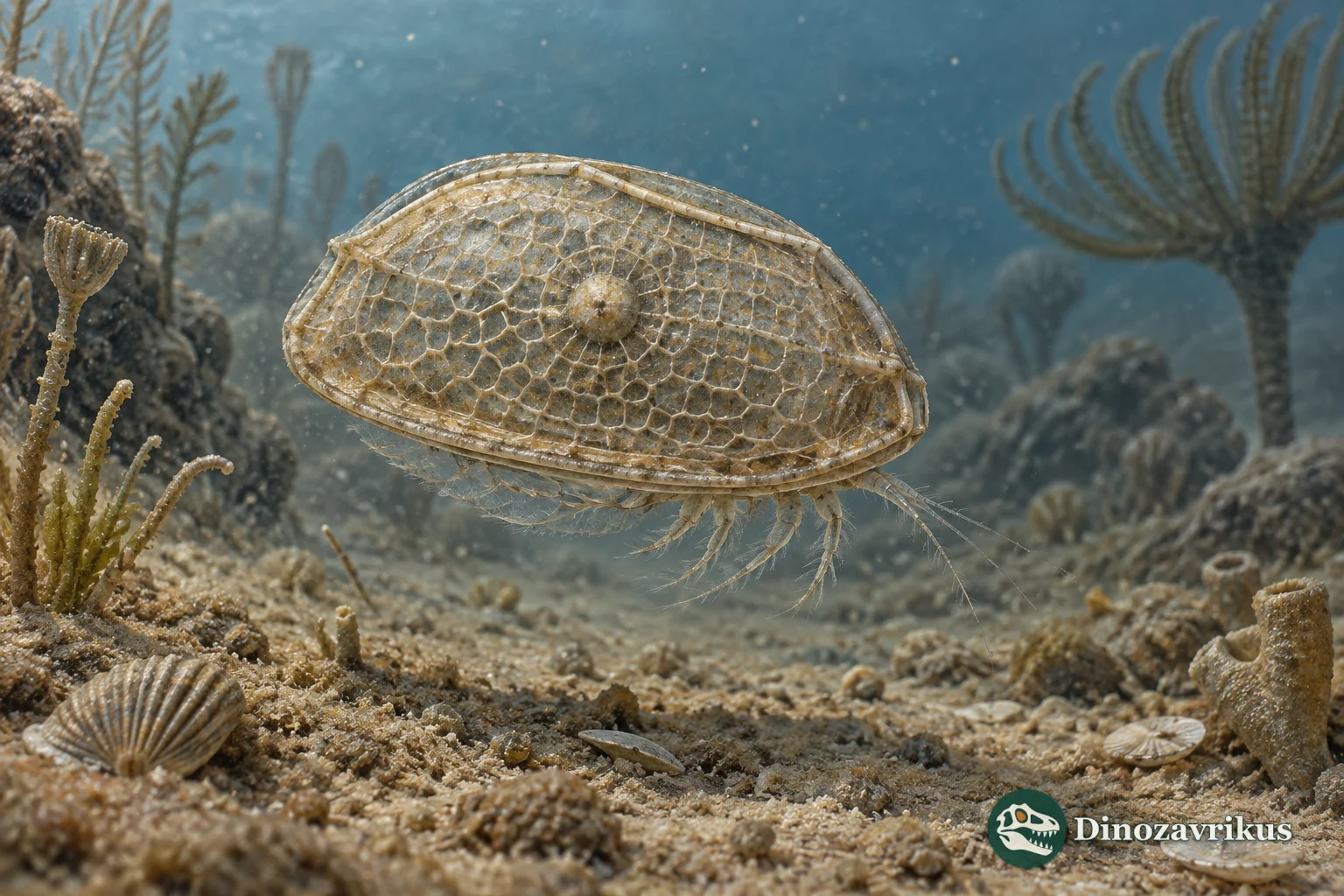Magnified Amphissites ostracod showing a net-like shell, central node and low marginal keels
