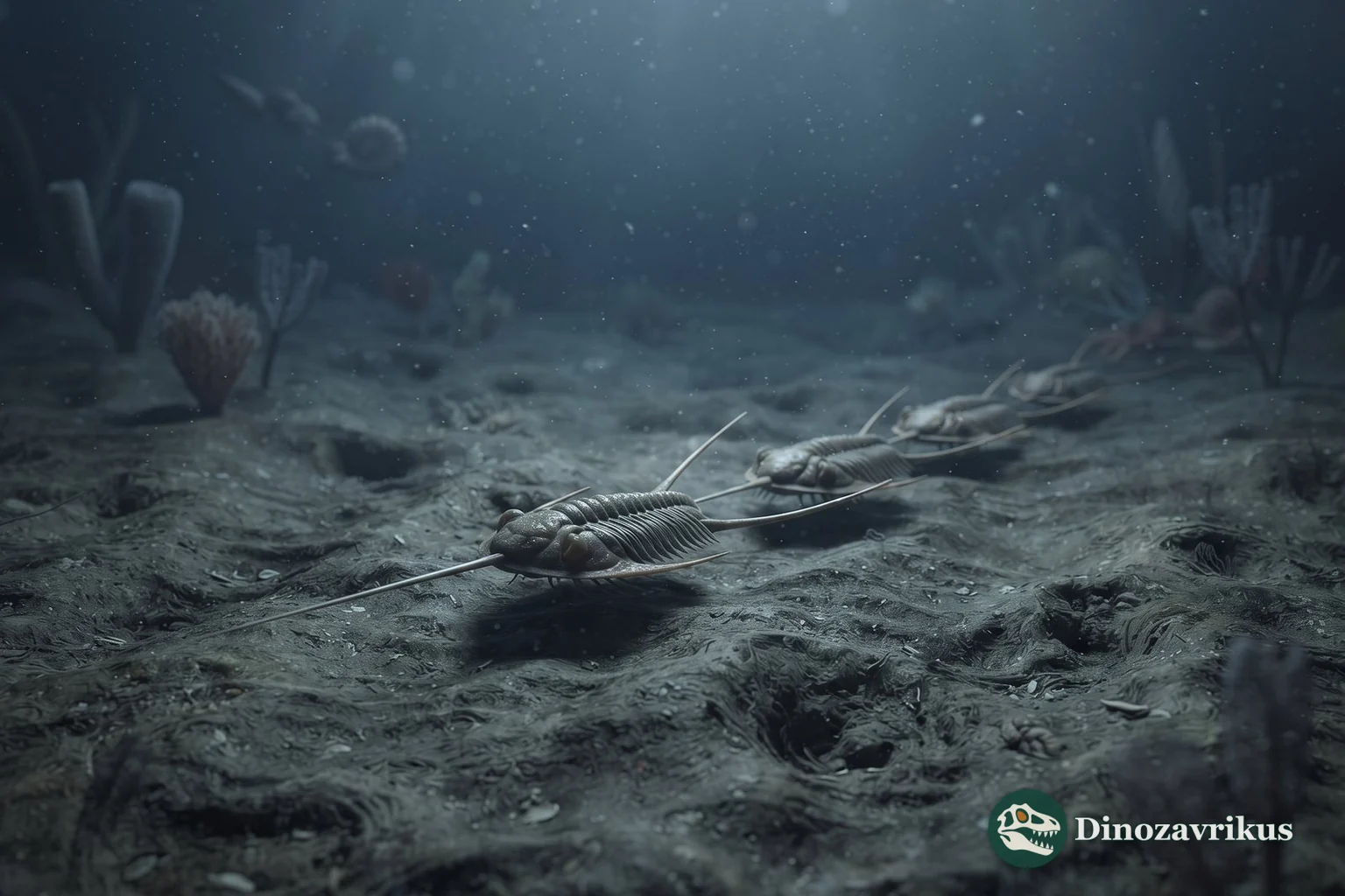 A line of Ampyx trilobites moving across an Ordovician seafloor