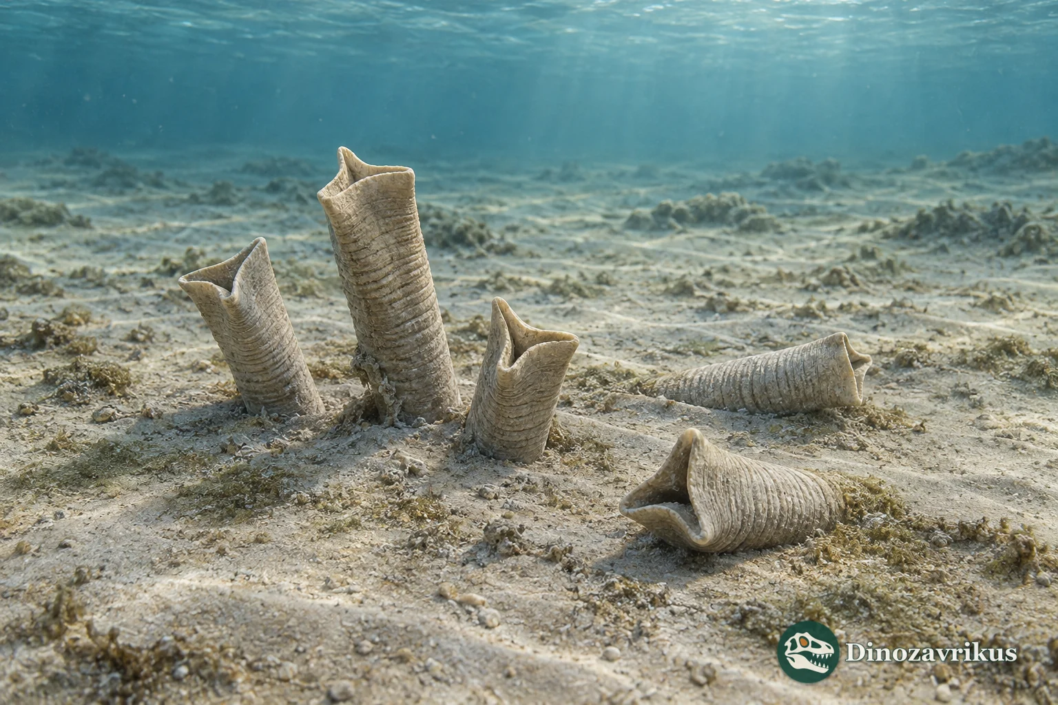 Three-lobed Anabarites tubes on the seafloor of an early Cambrian sea
