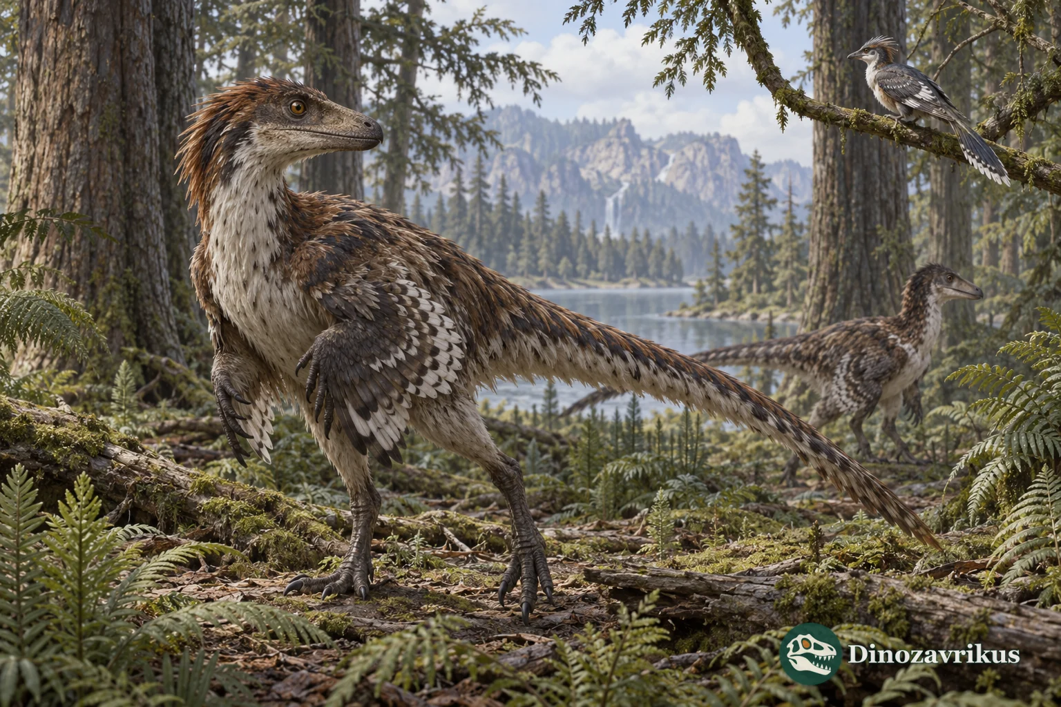 Feathered non-avian dinosaurs and an early bird in a Jurassic woodland
