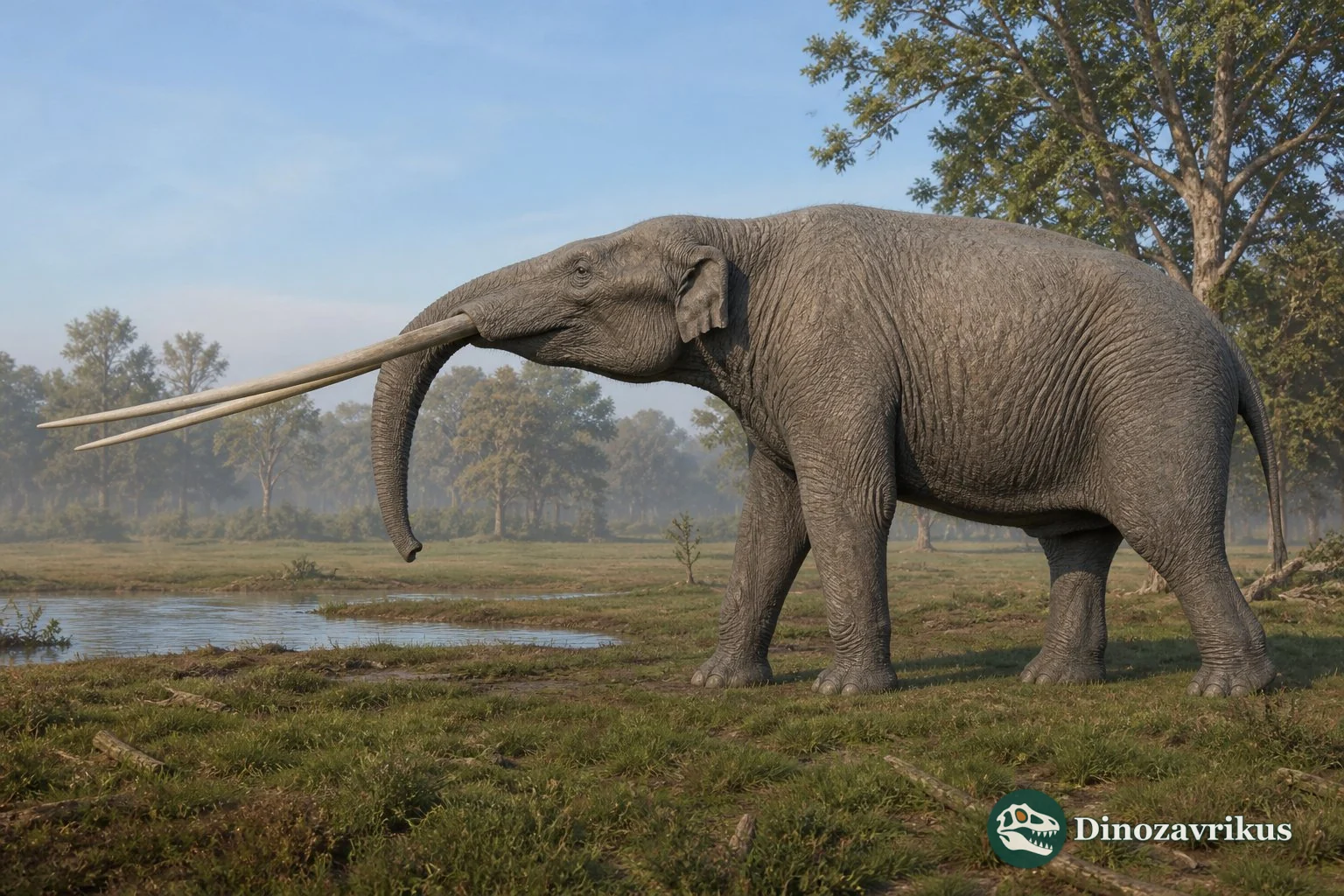 Reconstruction of Anancus with long straight tusks beside water