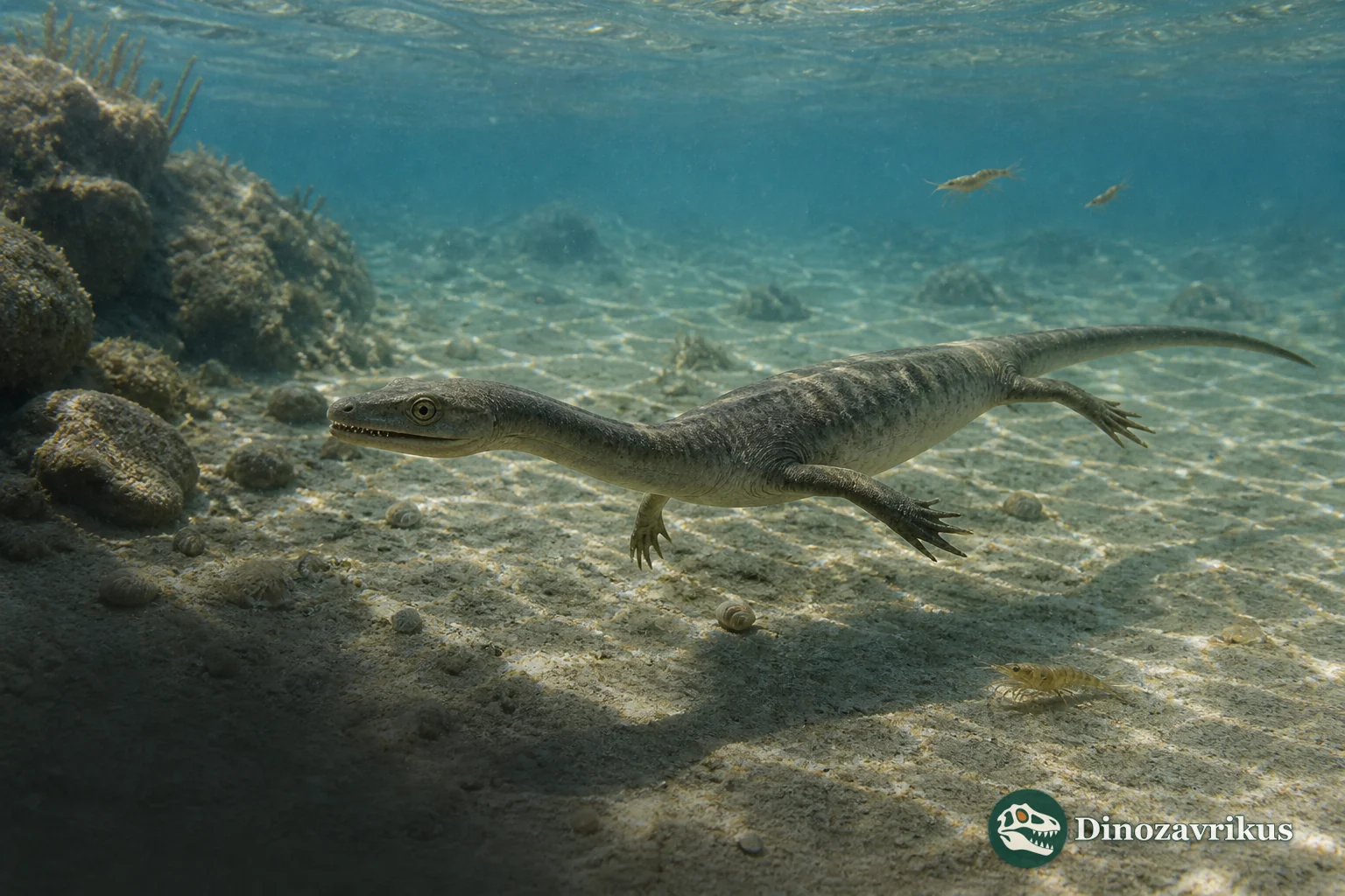 Anarosaurus heterodontus moving through a shallow Middle Triassic coastal lagoon