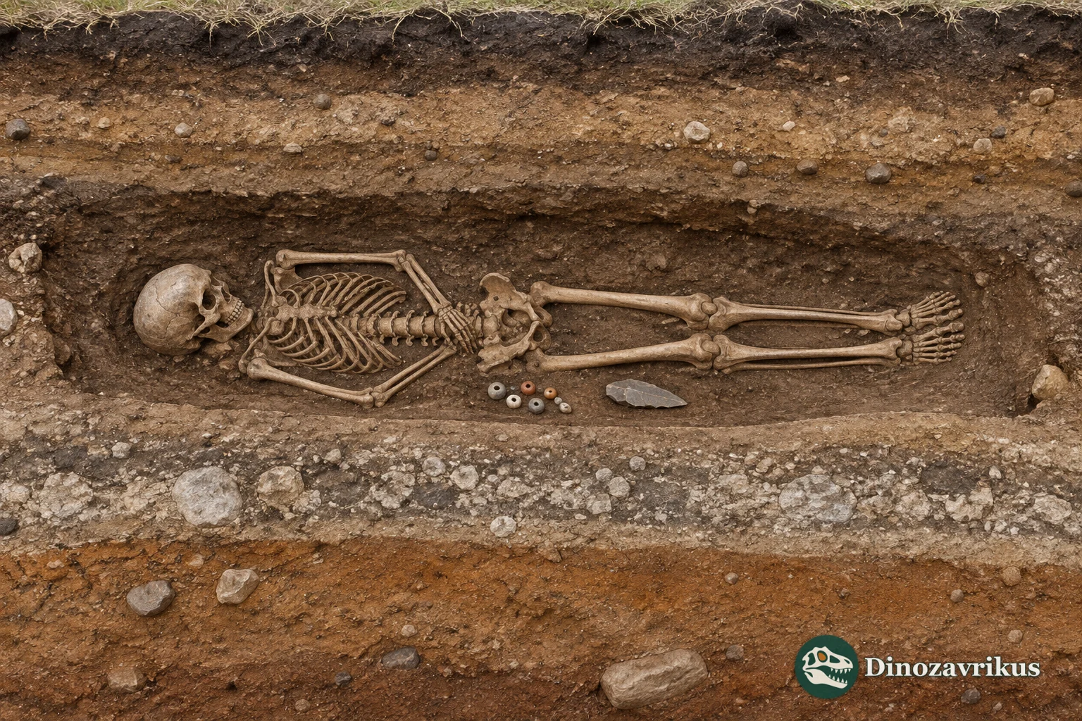 A carefully excavated prehistoric grave shown within a section of layered soil