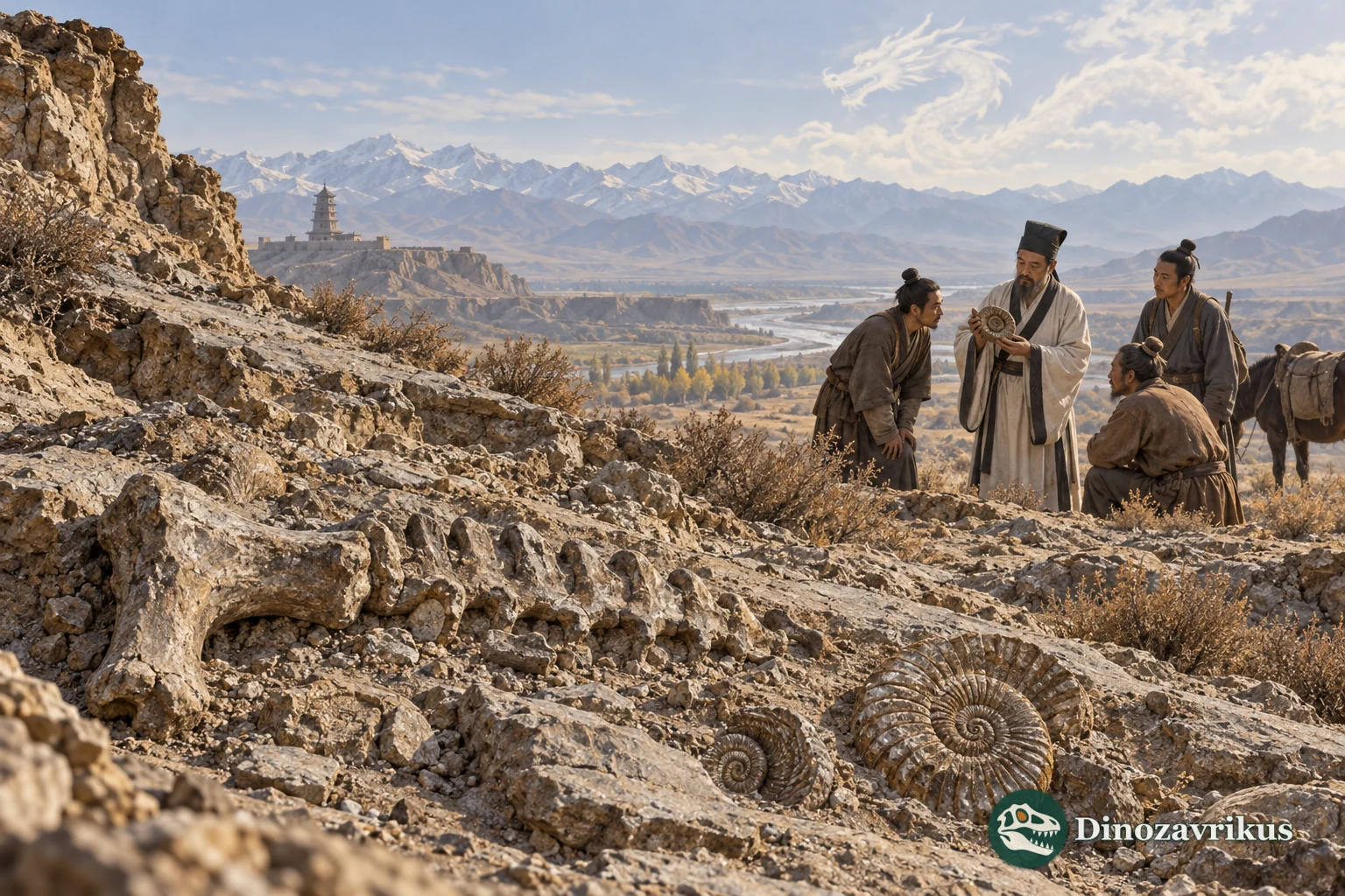 Ancient scholars examine fossil bones and shells in a rocky landscape