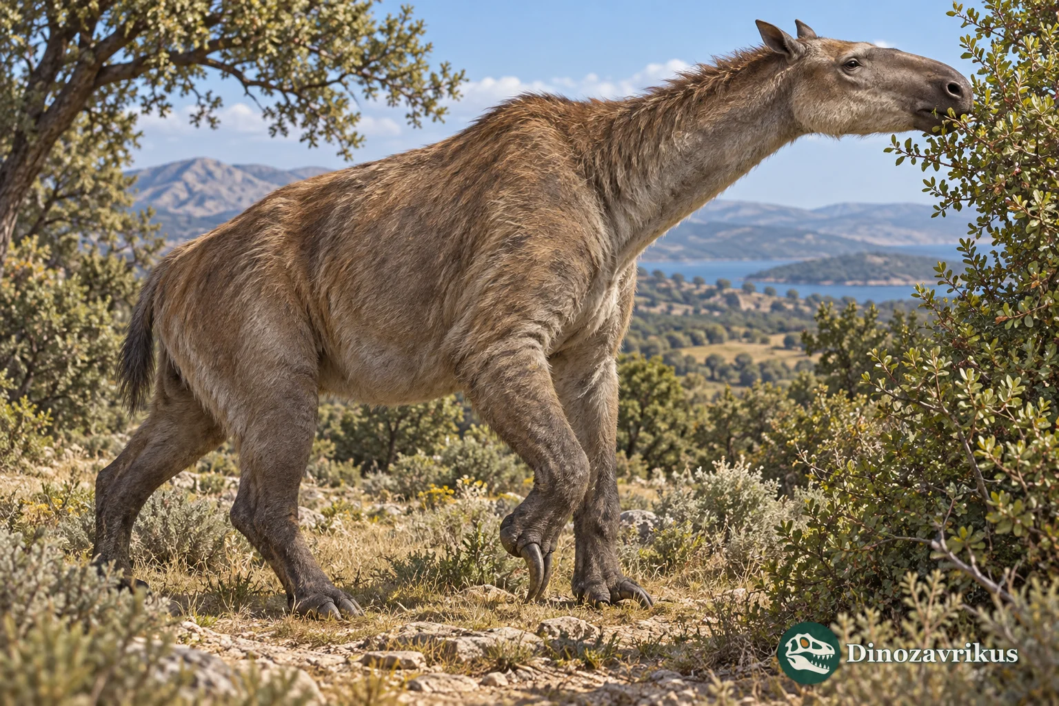 Artistic reconstruction of Ancylotherium browsing in a late Miocene Greek landscape
