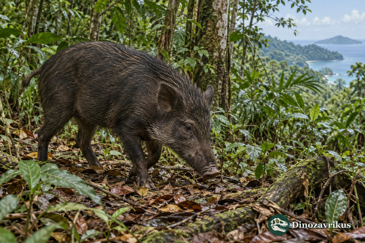 Dark wild pig moving through humid tropical forest on an Andaman island