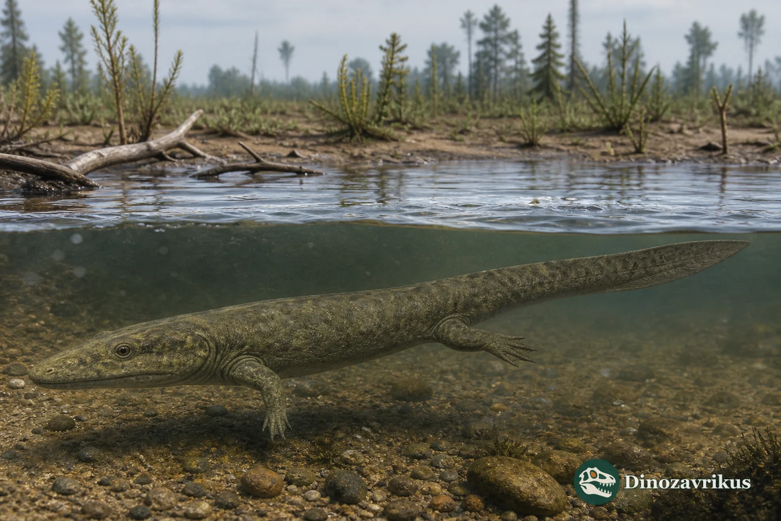 Angusaurus swimming through an Early Triassic freshwater channel