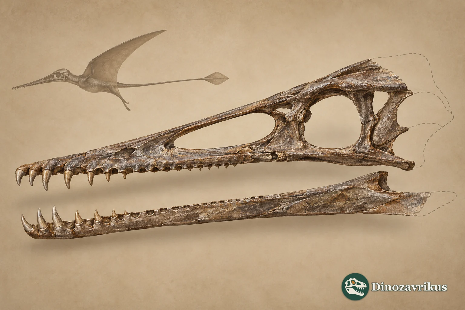 Educational reconstruction of the partial Angustinaripterus skull with missing portions shown as a pale outline