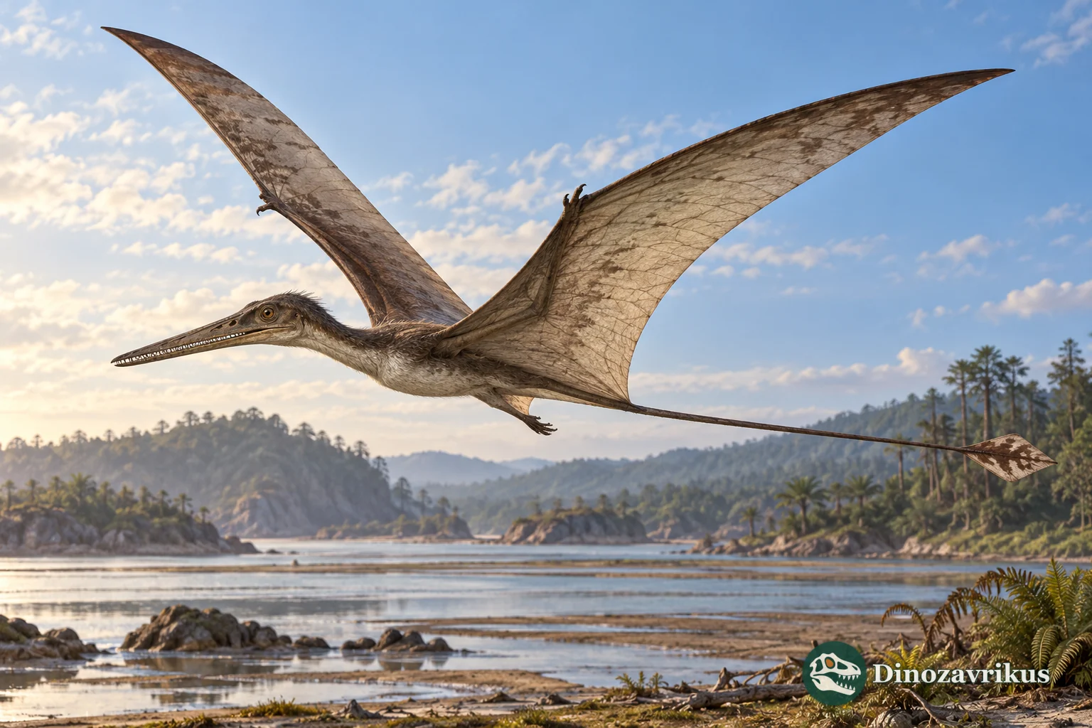 Interpretive reconstruction of Angustinaripterus gliding above a Jurassic shore in Sichuan