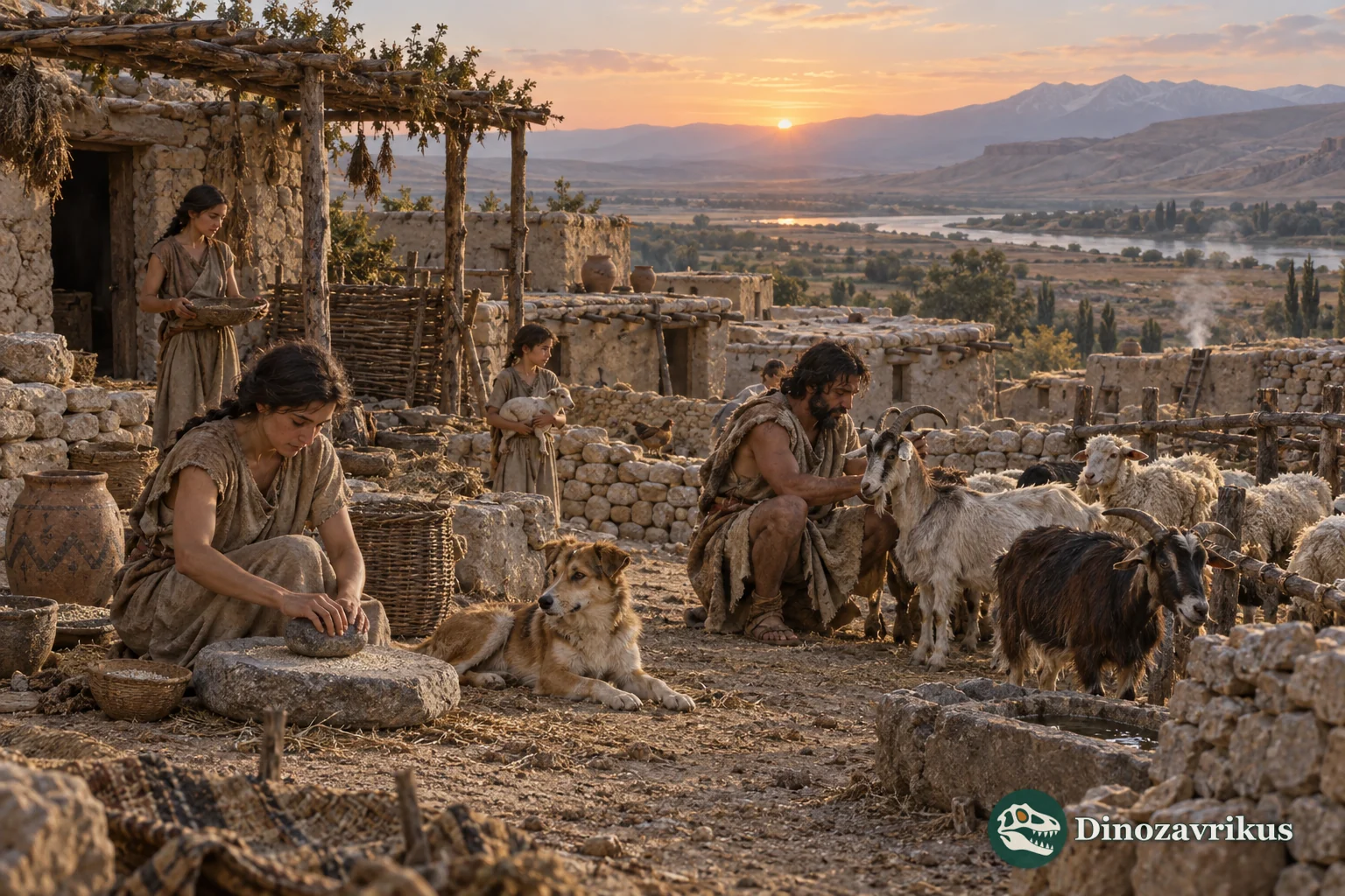 People, an early dog, sheep and goats in a reconstructed early farming settlement