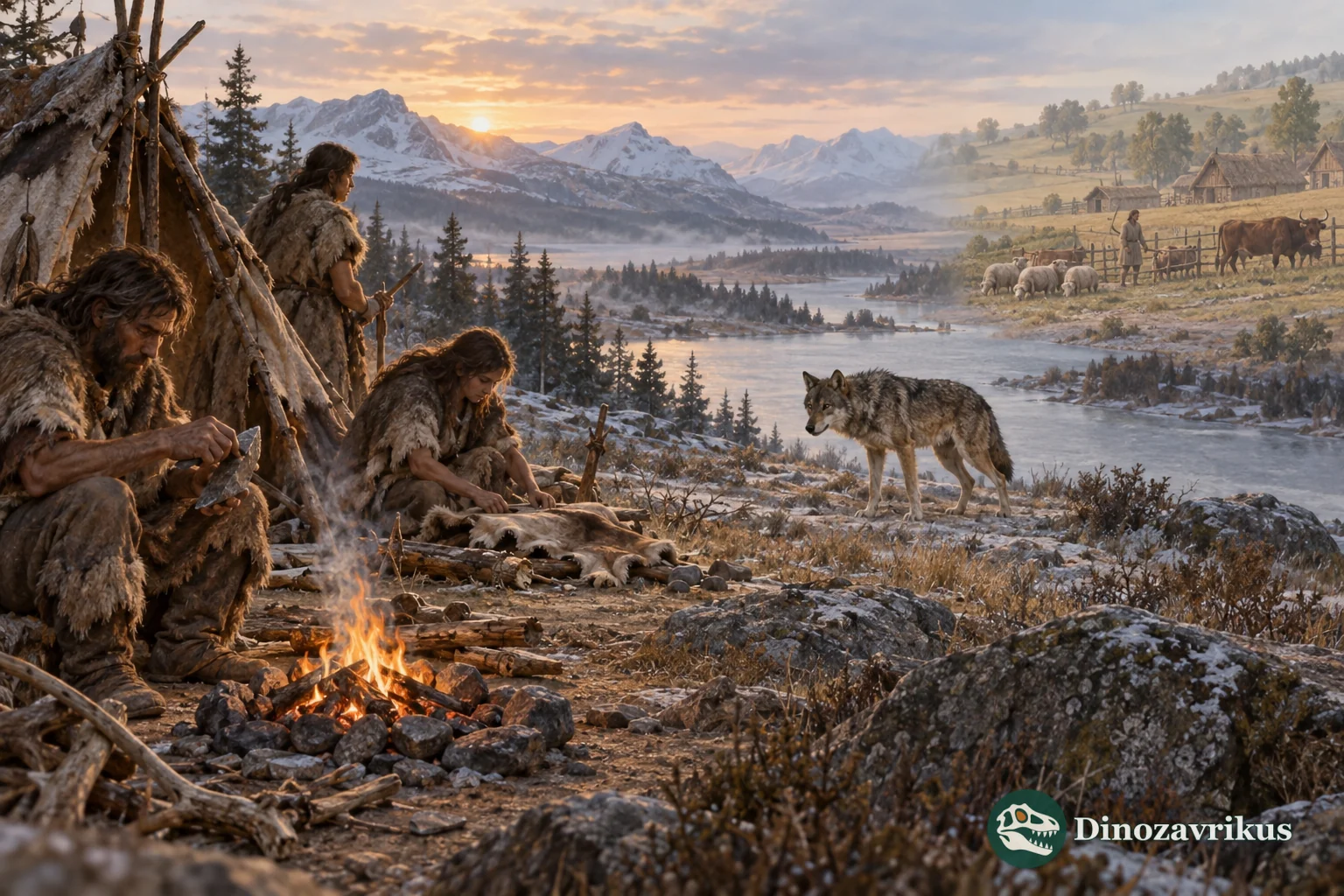 An Ice Age camp with a wolf approaching and later livestock suggested in the distant landscape