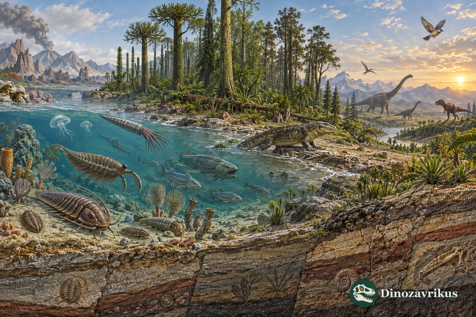 A deep-time panorama from Cambrian marine animals through early land vertebrates to dinosaurs and birds