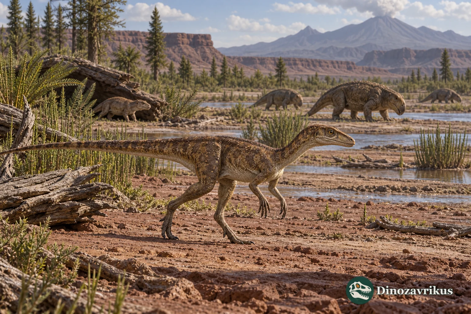 Early dinosaurs among other animals on a Late Triassic landscape