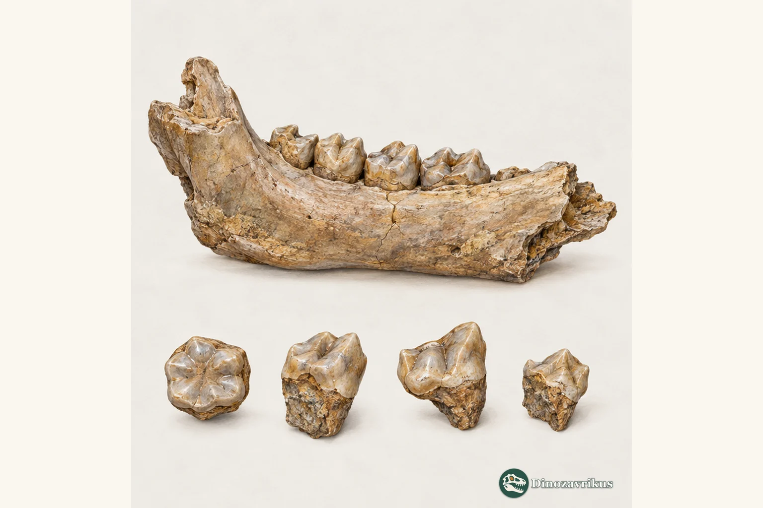 An educational illustration of a small jaw fragment and molar teeth