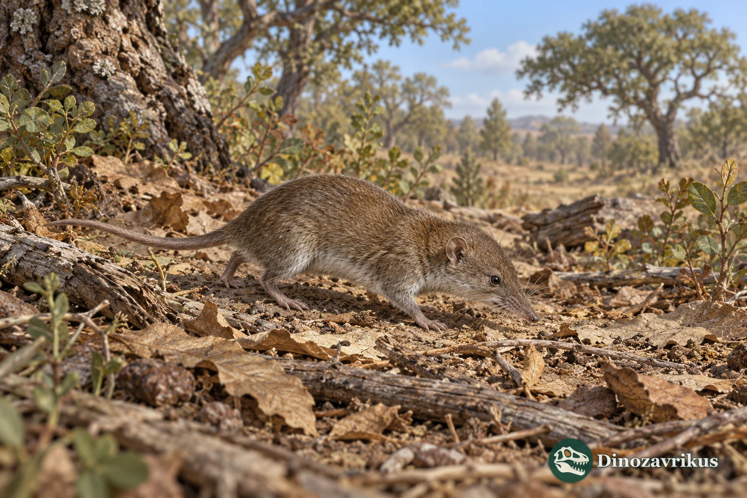 Artistic reconstruction of a small Ankylodon-like insectivore among leaf litter
