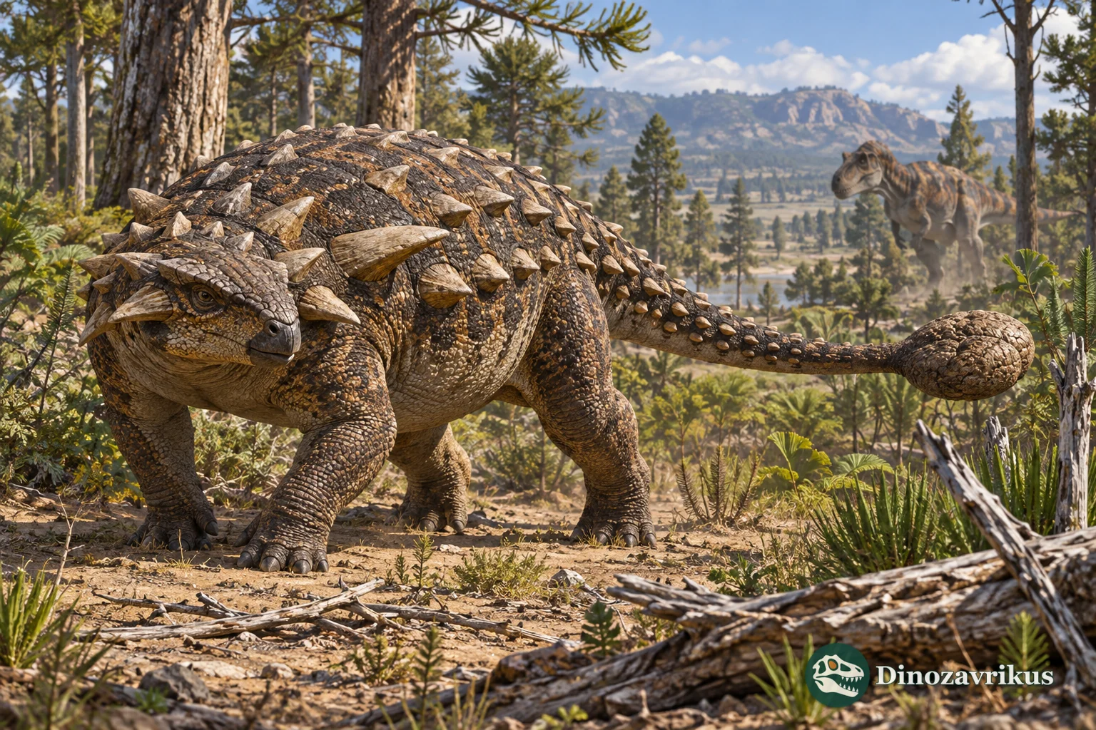 An ankylosaur with bony osteoderms and a tail club in a Cretaceous woodland