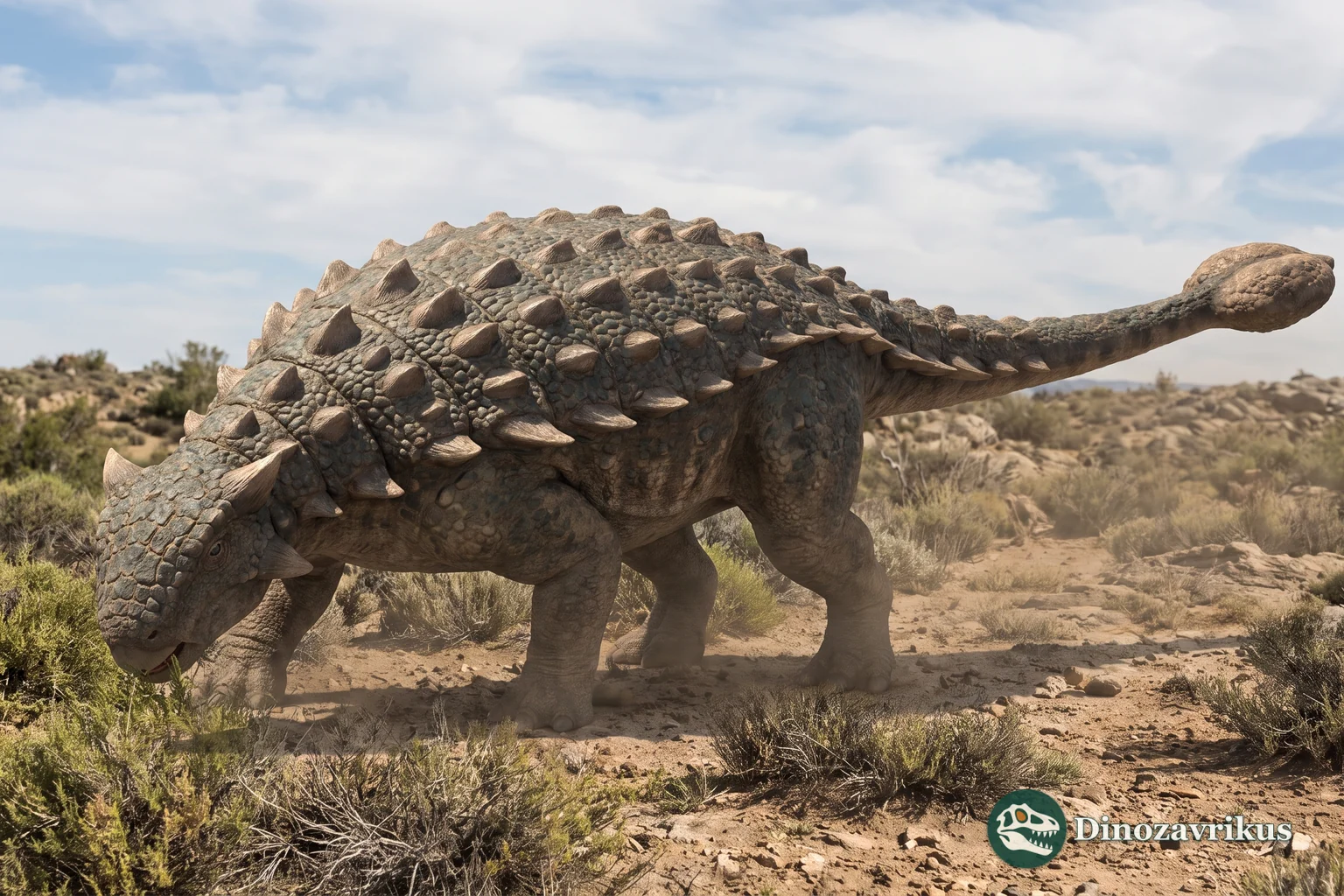 Reconstruction of Ankylosaurus with a broad armoured body and tail club