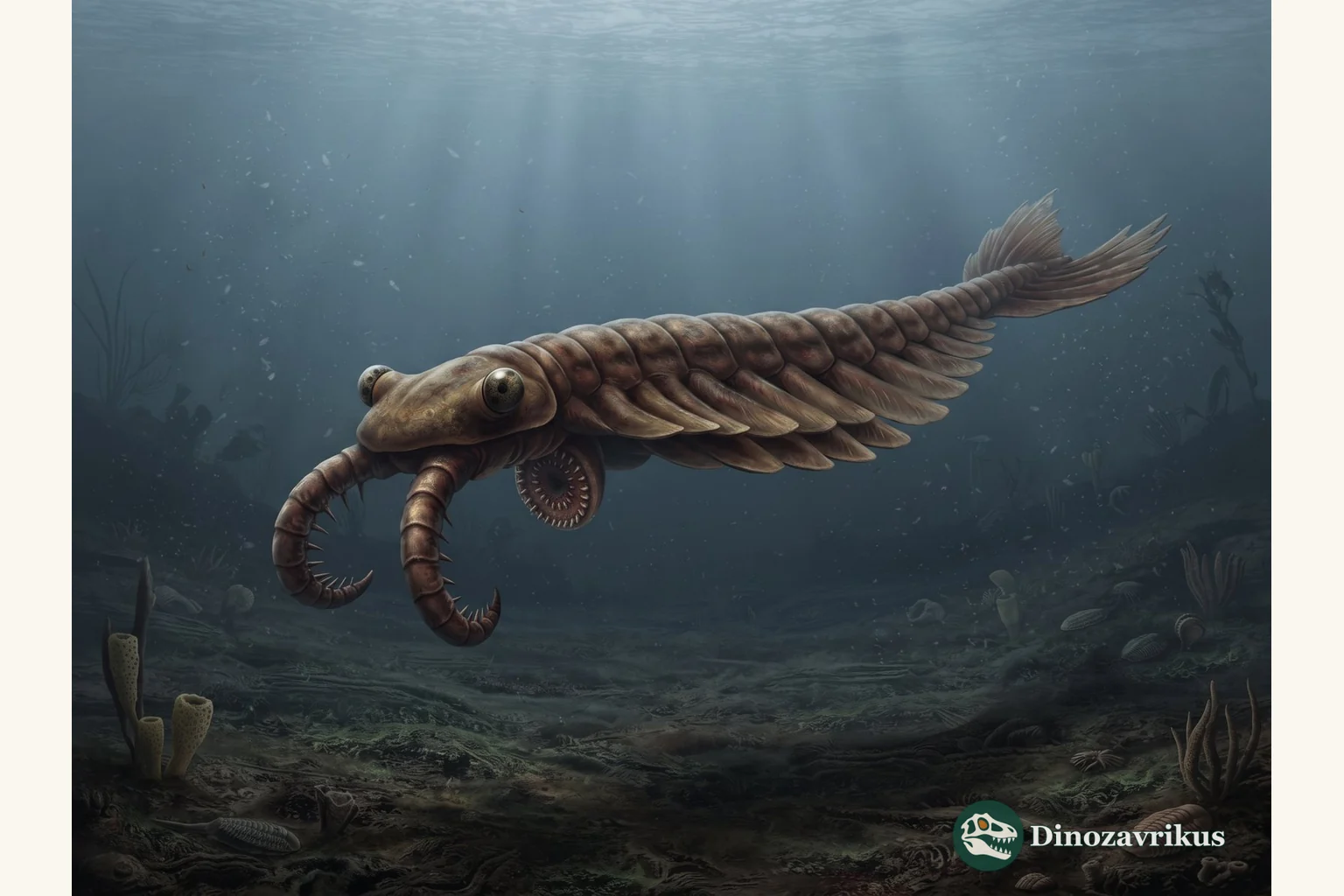 Anomalocaris swimming above a Cambrian seafloor