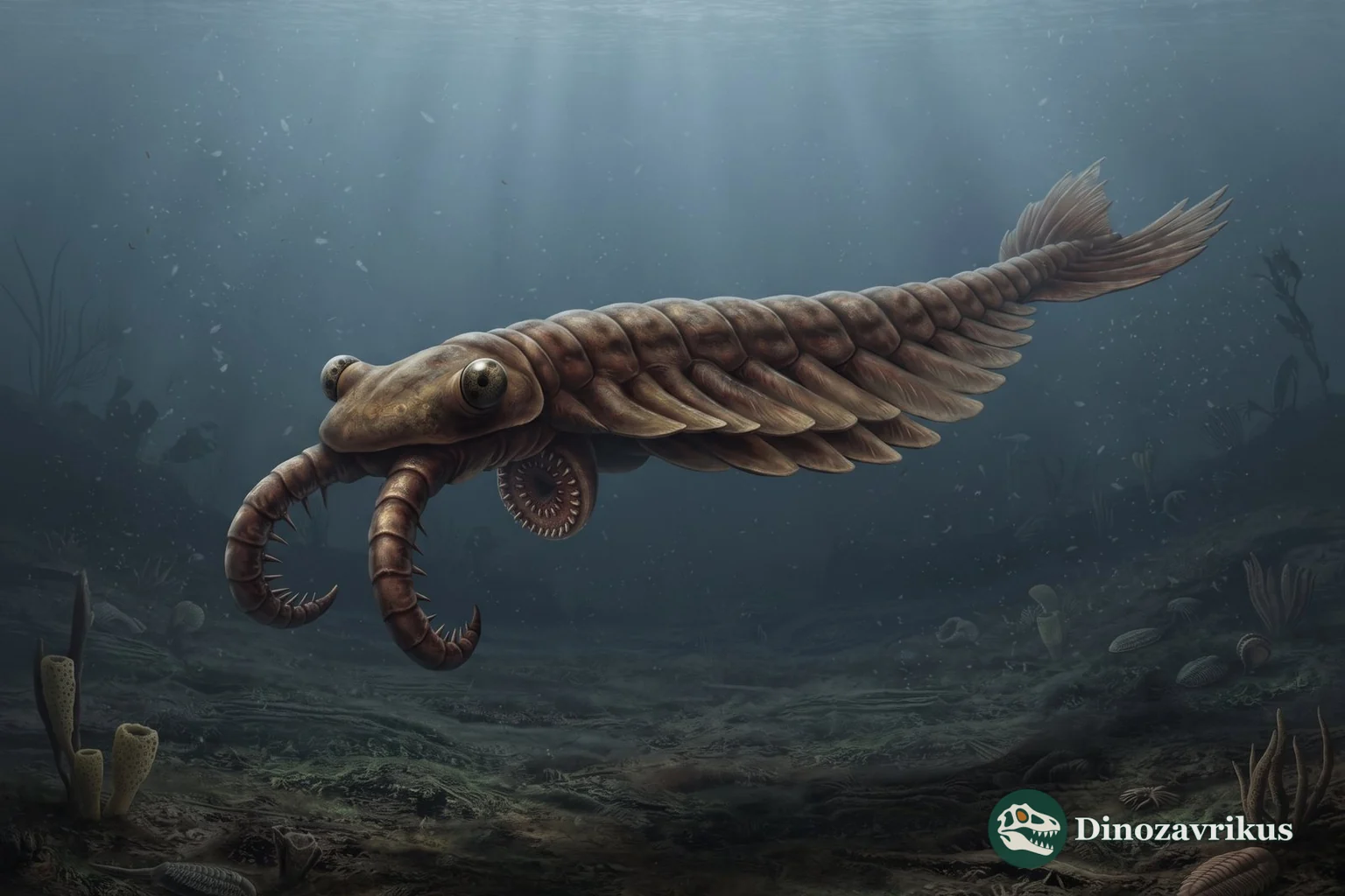 Anomalocaris swimming above the Cambrian seafloor