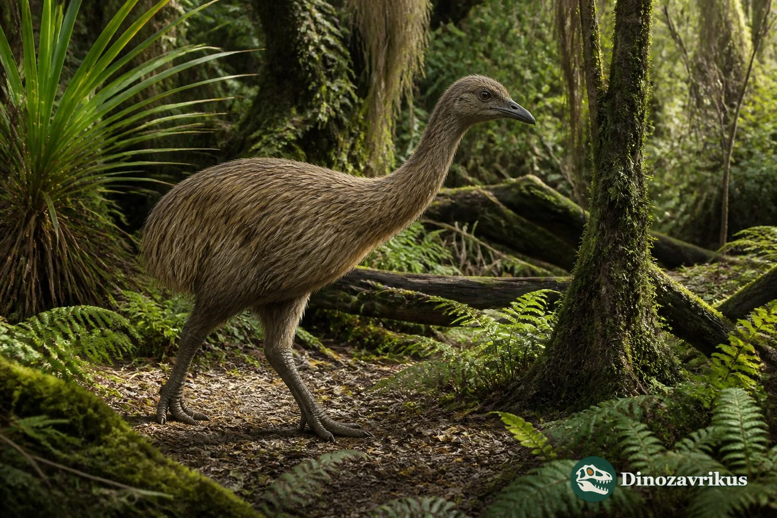 Anomalopteryx didiformis browsing among ferns in a New Zealand forest